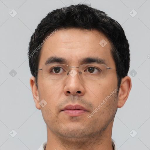 Neutral asian young-adult male with short  black hair and brown eyes