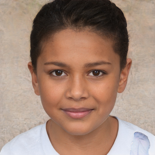 Joyful white child female with short  brown hair and brown eyes