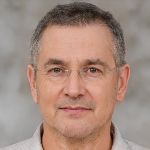 Joyful white middle-aged male with short  brown hair and brown eyes