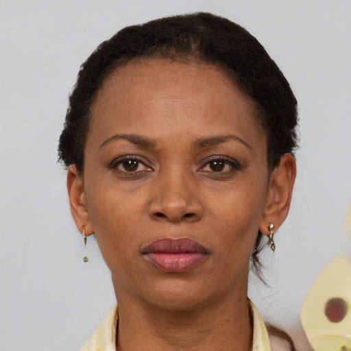 Neutral black adult female with short  brown hair and brown eyes
