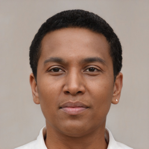 Neutral black young-adult male with short  black hair and brown eyes