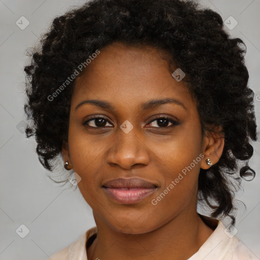 Joyful black young-adult female with medium  black hair and brown eyes