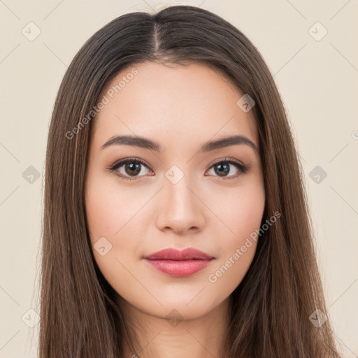 Neutral white young-adult female with long  brown hair and brown eyes