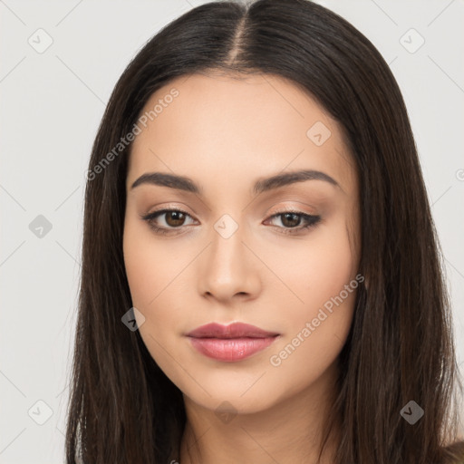 Neutral white young-adult female with long  brown hair and brown eyes