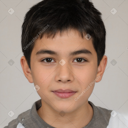 Joyful white child male with short  brown hair and brown eyes