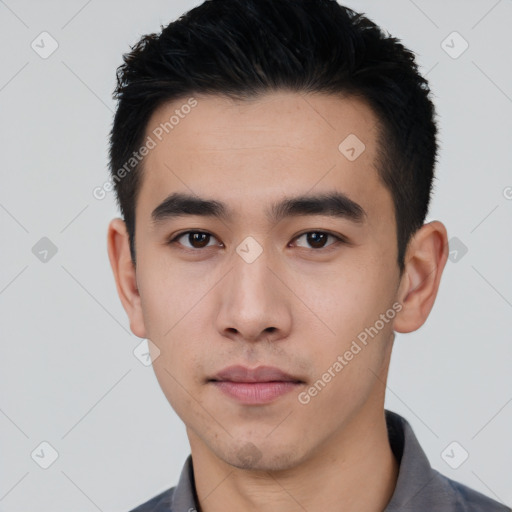 Neutral asian young-adult male with short  black hair and brown eyes