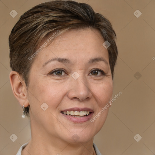 Joyful white adult female with short  brown hair and brown eyes