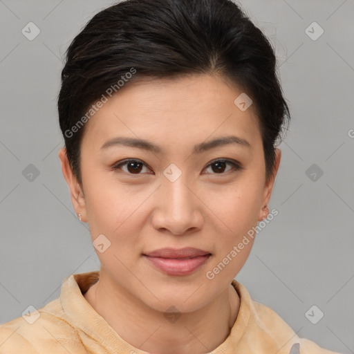 Joyful latino young-adult female with short  brown hair and brown eyes