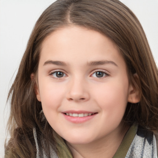 Joyful white child female with medium  brown hair and brown eyes