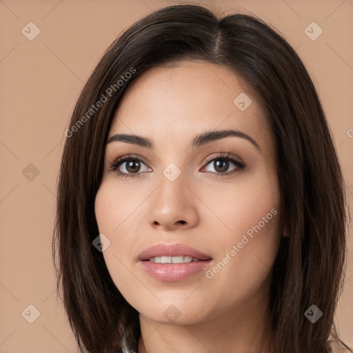 Neutral white young-adult female with long  brown hair and brown eyes