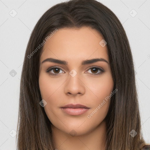 Neutral white young-adult female with long  brown hair and brown eyes