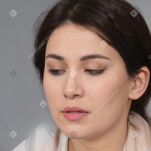 Neutral white young-adult female with medium  brown hair and brown eyes