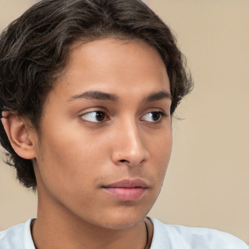 Neutral white young-adult female with short  brown hair and brown eyes