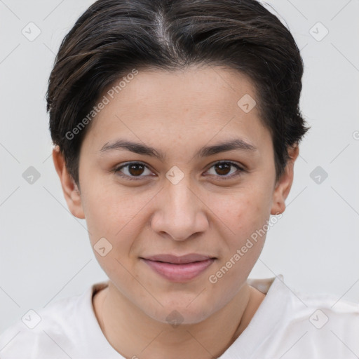 Joyful white young-adult female with short  brown hair and brown eyes