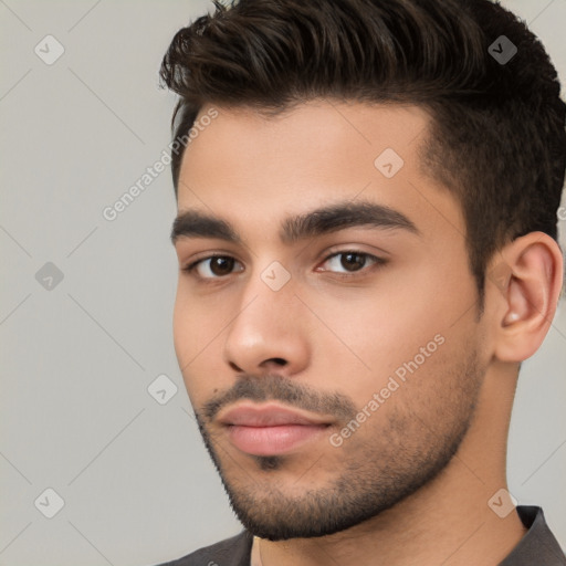 Neutral white young-adult male with short  brown hair and brown eyes