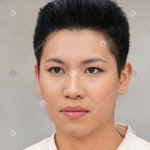 Neutral asian young-adult female with short  black hair and brown eyes