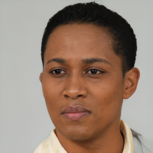 Neutral black young-adult female with short  black hair and brown eyes