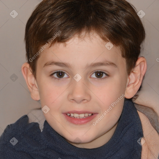 Joyful white child male with medium  brown hair and brown eyes