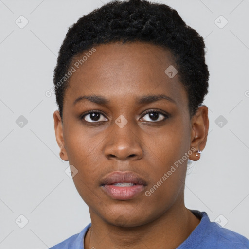 Neutral black young-adult female with short  black hair and brown eyes