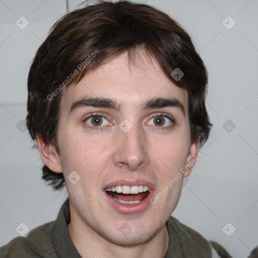 Joyful white young-adult male with medium  brown hair and brown eyes