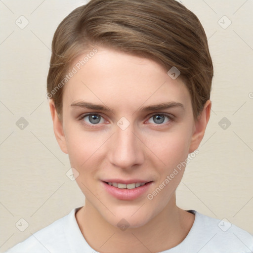 Joyful white young-adult female with short  brown hair and grey eyes