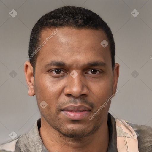 Neutral latino young-adult male with short  black hair and brown eyes