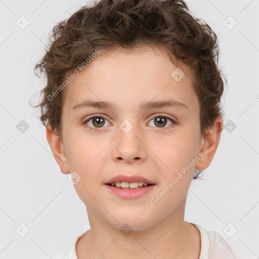 Joyful white child female with short  brown hair and brown eyes