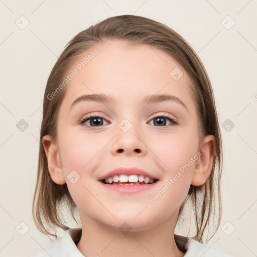 Joyful white child female with medium  brown hair and blue eyes