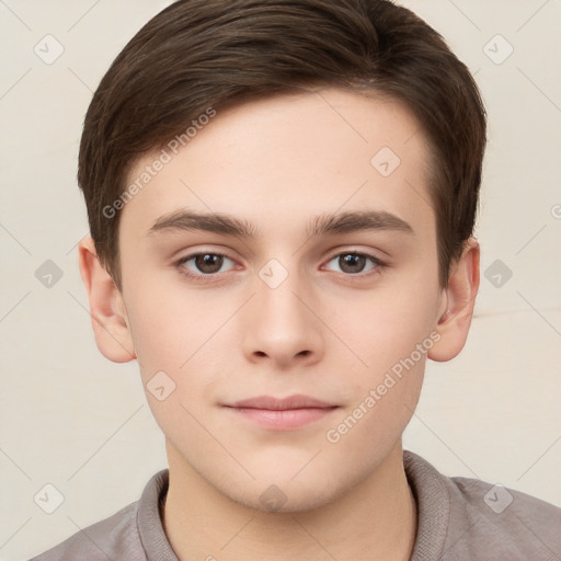 Neutral white young-adult male with short  brown hair and brown eyes