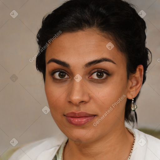 Joyful latino young-adult female with medium  brown hair and brown eyes