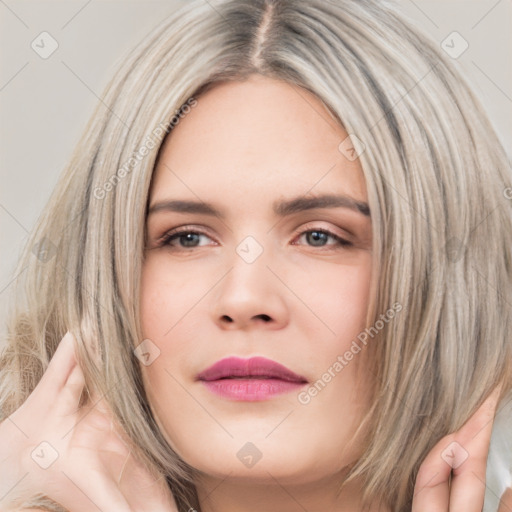 Neutral white young-adult female with medium  brown hair and brown eyes