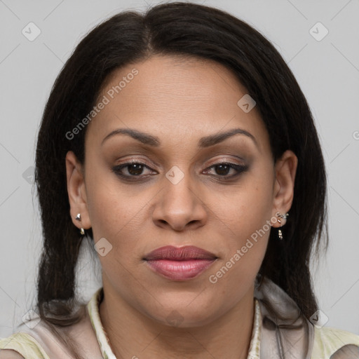 Joyful latino young-adult female with medium  brown hair and brown eyes