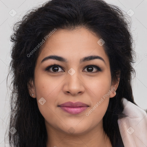 Joyful latino young-adult female with long  brown hair and brown eyes