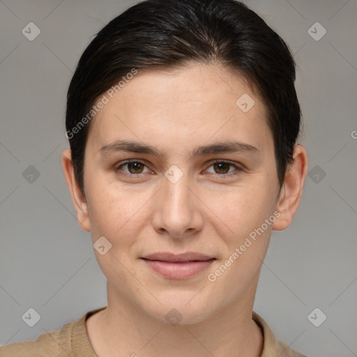 Joyful white young-adult female with short  brown hair and brown eyes