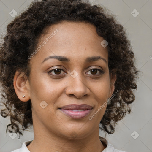 Joyful black young-adult female with medium  brown hair and brown eyes