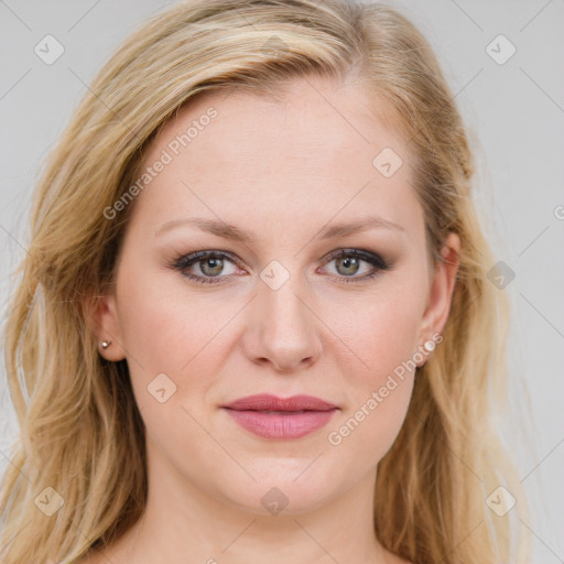 Joyful white young-adult female with long  brown hair and blue eyes