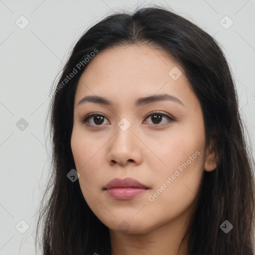 Neutral asian young-adult female with long  brown hair and brown eyes