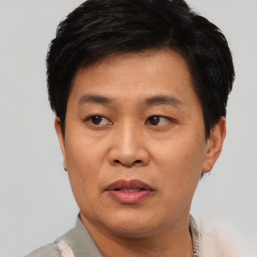 Joyful asian adult male with short  black hair and brown eyes