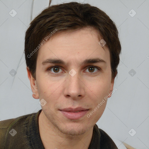 Neutral white young-adult male with short  brown hair and brown eyes