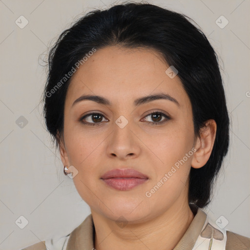 Neutral asian young-adult female with medium  brown hair and brown eyes