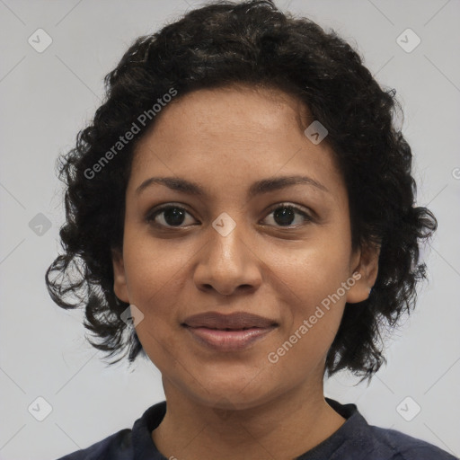 Joyful black young-adult female with medium  brown hair and brown eyes