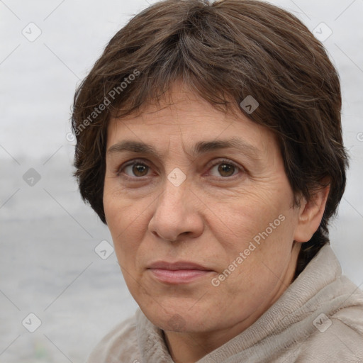 Joyful white adult female with short  brown hair and brown eyes