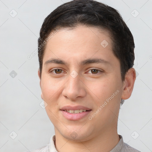 Joyful white young-adult female with short  brown hair and brown eyes