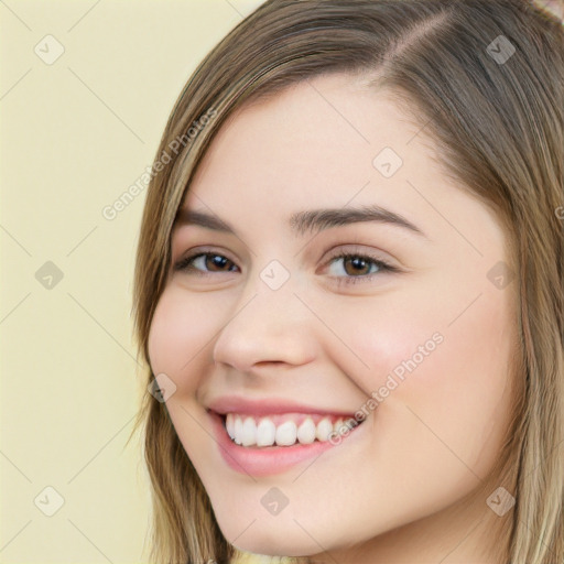 Joyful white young-adult female with long  brown hair and brown eyes