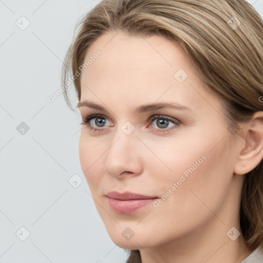 Neutral white young-adult female with medium  brown hair and grey eyes