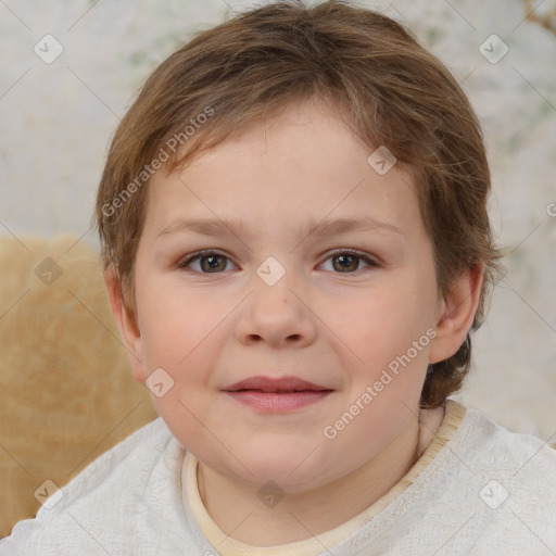 Joyful white child female with short  brown hair and brown eyes