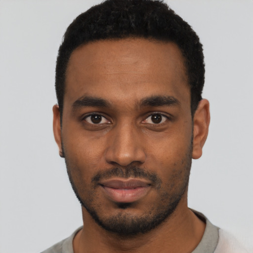 Neutral black young-adult male with short  black hair and brown eyes