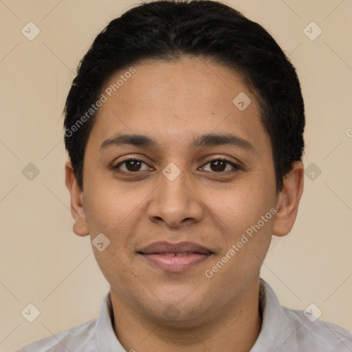 Joyful latino young-adult female with short  brown hair and brown eyes