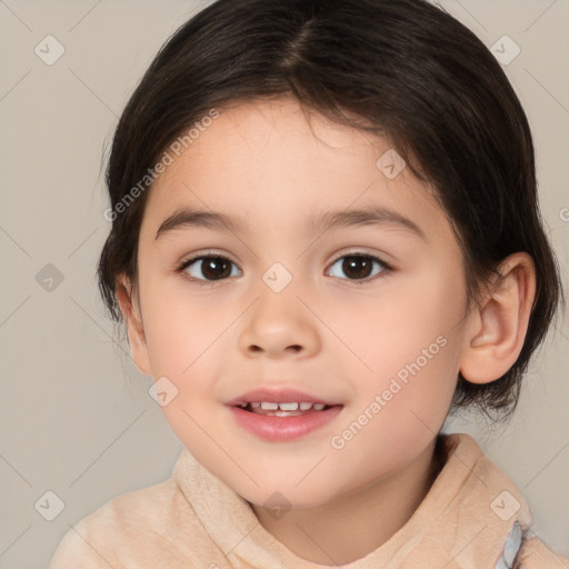 Joyful white child female with medium  brown hair and brown eyes