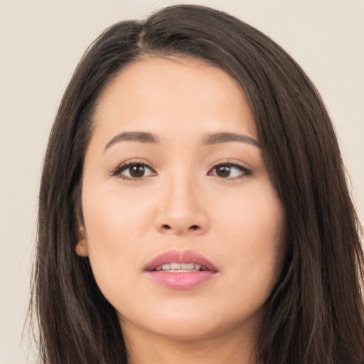 Neutral asian young-adult female with long  brown hair and brown eyes